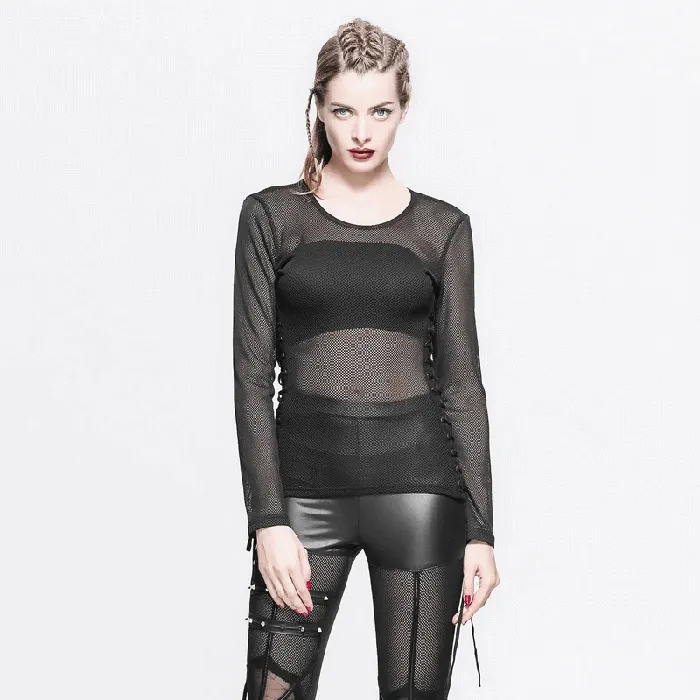 EVEs SECRETS Black Mesh Long Sleeve Top Womens Laceup Side Tops Anal