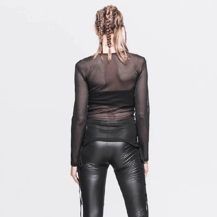 EVEs SECRETS Black Mesh Long Sleeve Top Womens Laceup Side Tops Anal