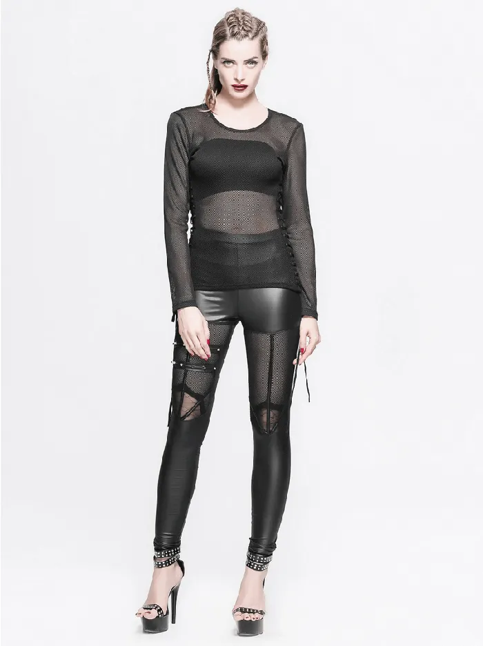 EVEs SECRETS Black Mesh Long Sleeve Top Womens Laceup Side Tops Anal