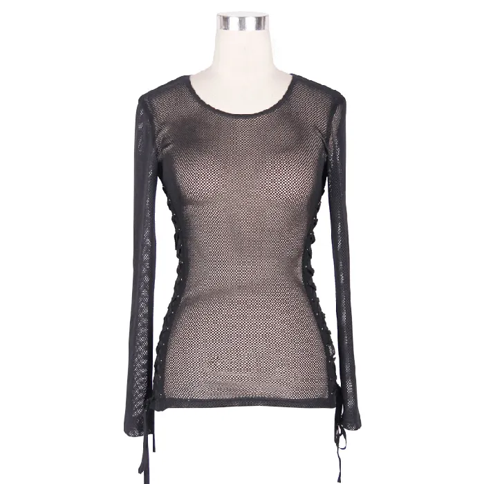 EVEs SECRETS Black Mesh Long Sleeve Top Womens Laceup Side Tops Anal