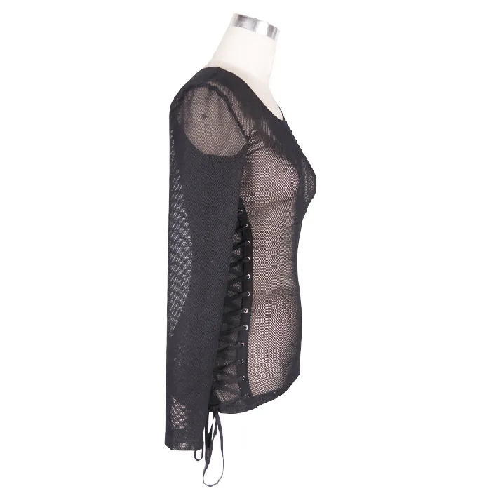 EVEs SECRETS Black Mesh Long Sleeve Top Womens Laceup Side Tops Anal