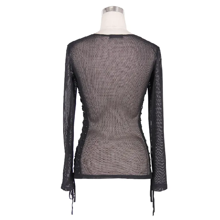 EVEs SECRETS Black Mesh Long Sleeve Top Womens Laceup Side Tops Anal